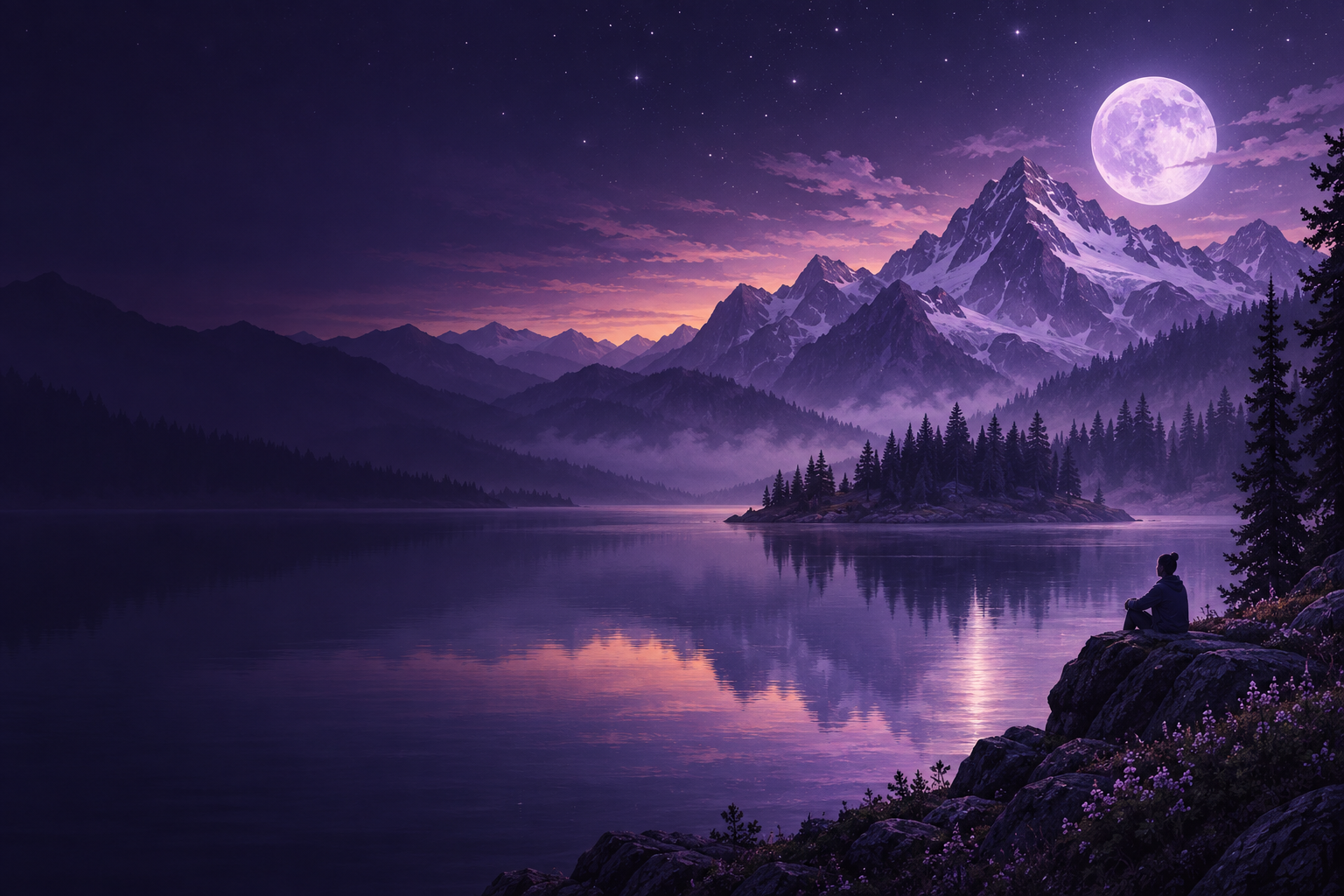 Violet mountains and a moonlit lake